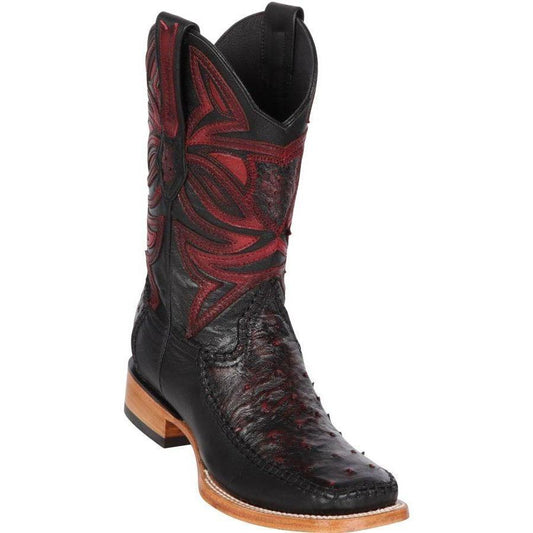 Los Altos Boots Mens #82F0318 Wide Square Toe | Genuine Ostrich & Deer Skin Boots | Color Black Cherry