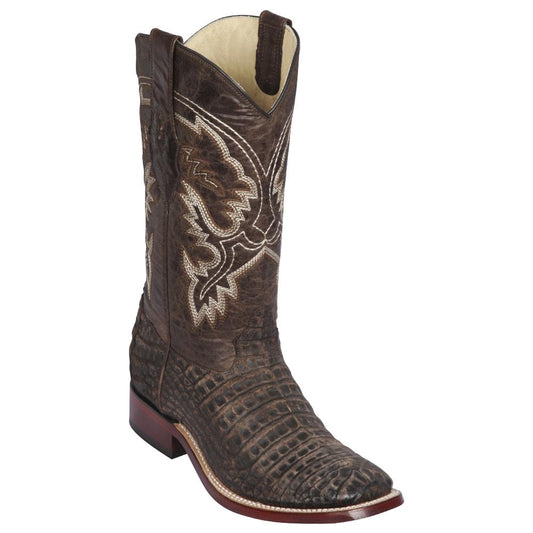 Los Altos Boots Mens #8228235 Wide Square Toe | Genuine Caiman Belly Leather Boots | Color Sanded Brown