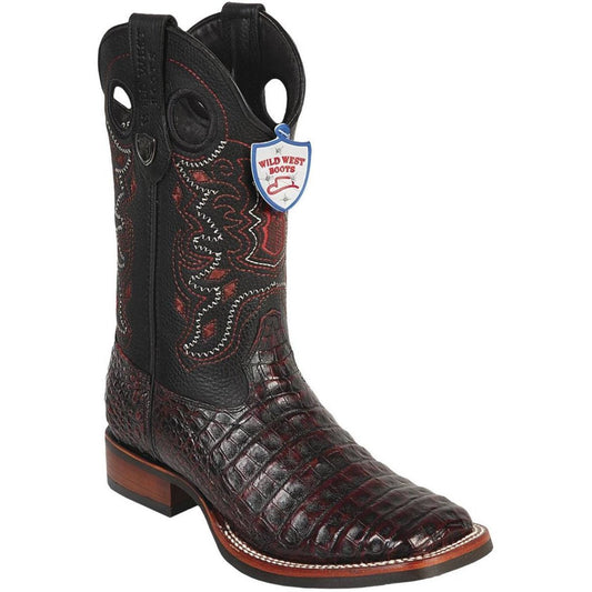 Wild West Boots #28258218 Men's | Color Black Cherry | Men's Wild West Caiman Belly Boots Wide Square Toe Rubber Sole Handcrafted