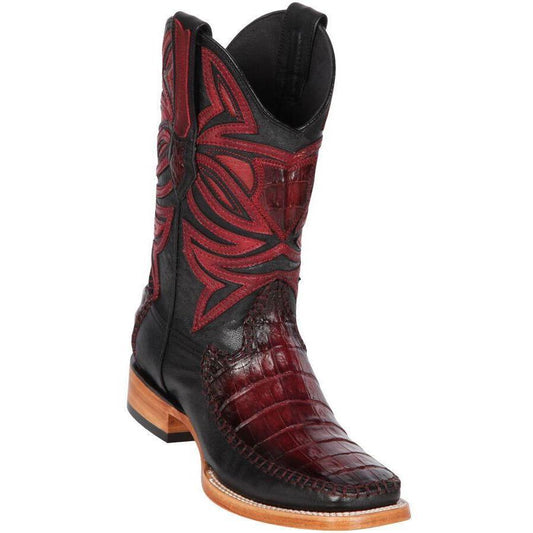 Los Altos Boots Mens #82F8243 Wide Square Toe | Genuine Caiman Belly & Deer Boots | Color Faded Burgundy