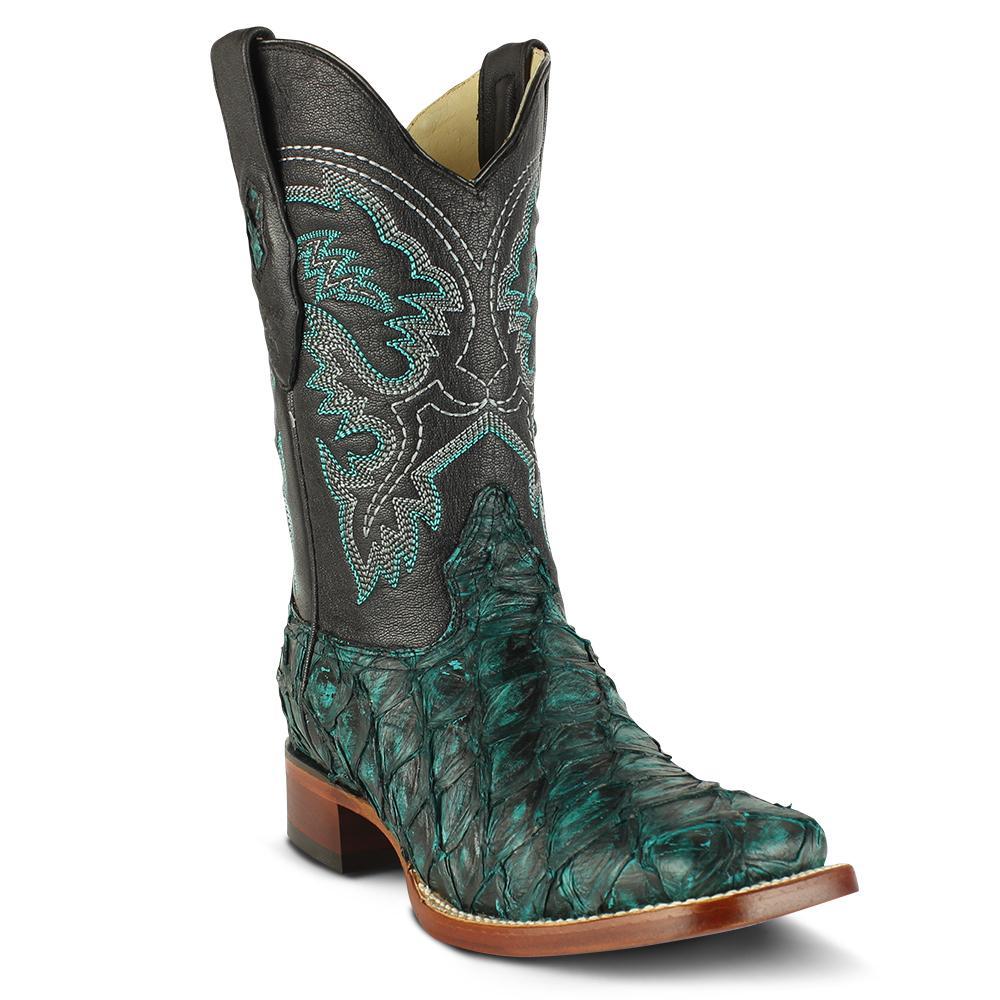 Los Altos Boots Mens #8221008 Wide Square Toe | Genuine Pirarucu Fish Boots | Color Rustic Turquoise