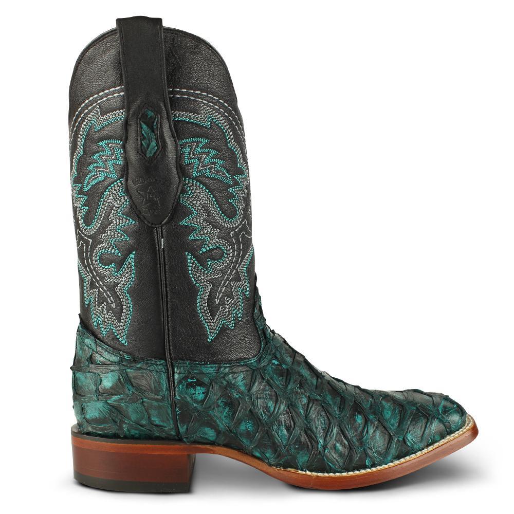 Los Altos Boots Mens #8221008 Wide Square Toe | Genuine Pirarucu Fish Boots | Color Rustic Turquoise