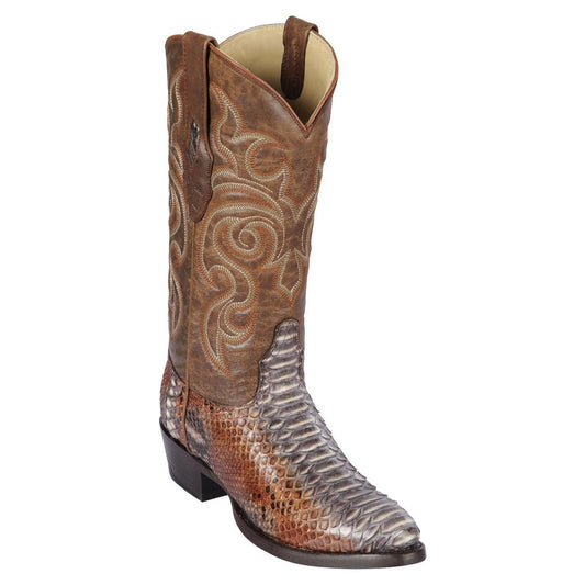 Los Altos Boots Mens #655788 Round Toe | Genuine Python Snakeskin Boots Handmade | Color Rustic Cognac