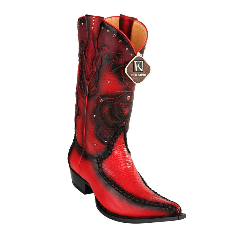 Men's King Exotic Boots Teju Lizard Boots 3x Toe Handcrafted Red Burnished (495v20712)