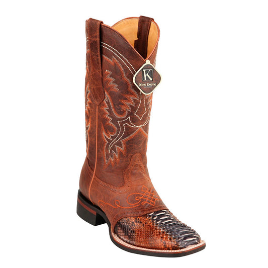 Men's King Exotic Python Boots Rubber Sole & Saddle Vamp Square Toe Rustic Cognac (48235788)