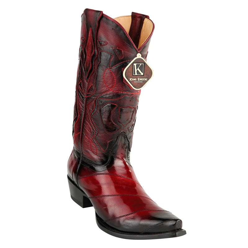 Men's King Exotic Snip Toe Eel Boots Handcrafted Burnished Burgundy (494RD0843)